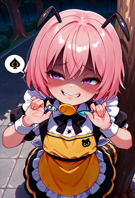 masterpiece, BEST QUALITY, solo, aged down,
short body, short hair, round face,
short limb,
looking up,
tilted head,
under tree,
shadows from tree canopy on her,
sunny day,
CivChan, purple eyes, pink hair, arranged maid outfit,
flat breasts, park, from above, shaded face, (smug:1.2), head tilt,
open eyes,
Bee girl mixture costume,
bee tail. (bee wing:1.3),
yellow and black stripe apron
cpbt
folded elbow,
1 yellow oval crime prevention buzzer holding at her mouth,
pulling gesture,
(pinching strap of buzzer:1.5)
clenched teeth,
(1tongue out:0.6),
tongue below 
unholy-aesthetic
BREAK
2.5D REALISTIC
ABSURDRES
AMAZING QUALITY
BALANCED HISTGRAM on subject
CONTRAPPOSTO
LOW-KEY HISTGRAM ON BG
NEWEST
PERSPECTIVE
SOLO FOCUS
ULTRA DETAILED EYES, EYE HIGHLIGHTS
ULTRA DETAILED FACE
VERY AESTHETIC
very awa
(simple large speech bubble at corner of the top:1.4)
 asking for buzz with a speech bubble, speech bubble that says "buzz"
handslora
(A BLACK thunderbolt symbol printed at buzzer:1.4)