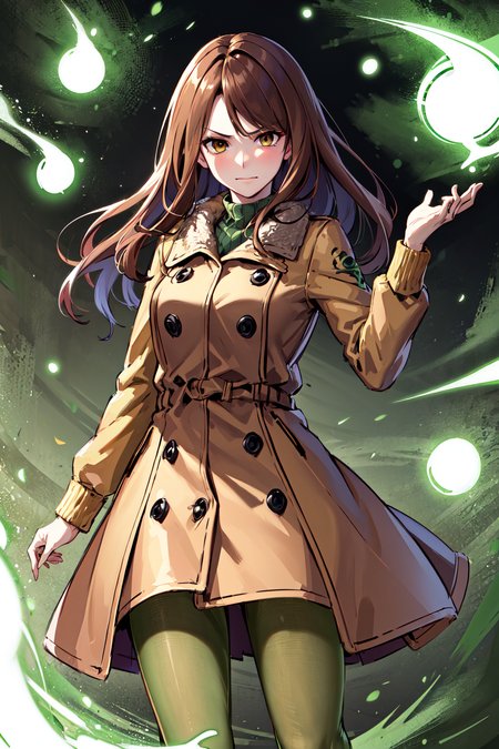 masterpiece, best quality, highres, shizuri1, solo, 1girl, pantyhose, brown hair, brown coat, scaf, yellow pantyhose, long hair, brown eyes, fashion, <lora:mugino_shizuri_v1:0.7>, frown, eveil smile, (green magic:1.2), green razer, standing, cowboy shot,