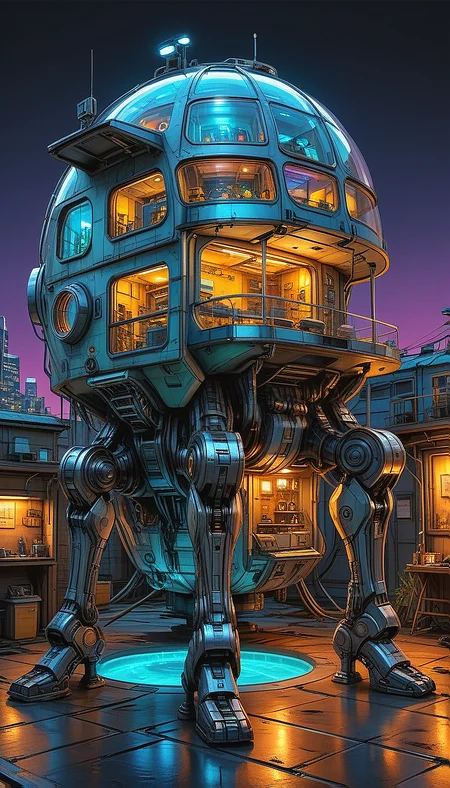 (cel-shading:2)+, (in ARTIST style:1.6), (masterpiece:1.7), hyperrealism, glossy, shinny,
clear image, accurate picture, clear picture, precise image, focused image, Science fiction style, Science fiction,
(cozy comfy glowing living space house) on mechanical legs, science fiction, aquarium on mechanical legs focus, neon glowing cyberpunk city street background, mecha,
comic style, (ultra sharp focus:2), (thin lines:2),
(best quality:1.8),
<lora:Apparatus_-_Traction_City_Walkers_Vehicles:0.8>,