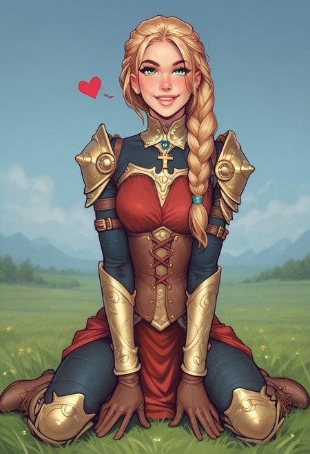 1girl, illustration, looking at viewer, highly detailed, from front,1girl, looking at viewer, highly detailed, skinny, looking at viewer, 1girl, masterpiece, best quality, full body portrait, (((1girl, <lora:agrias-nvwls-v3:1> agrias, armor, corset, dark red dress, brown gloves, cross-laced boots, looking at viewer, sidelocks, braided ponytail, light green eyes, Romance, sci-fi, artificial intelligence, highly detailed)))
BREAK 
slight smile, looking at viewer, 
BREAK 
long hair, blonde hair, hair over one eye, big hair, 
BREAK 
best quality, depth of field, bokeh, (((full clothed)))  (best quality, high detail), ((masterpiece)), <lora:1_ino_20e:1>
BREAK 
((((((field, mill)))))) score_9, score_8_up, score_7_up, score_6_up, source_cartoon, rating_explicit, Expressiveh, (((((upper body))))), dynamic pose