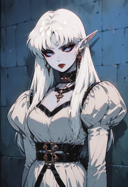 (masterpiece, best quality, good quality, very aesthetic, absurdres),    1girl, solo, eyelashes, (beautiful eyes),   1girl, solo, long hair, breasts, looking at viewer, bangs, blue eyes, long sleeves, jewelry, closed mouth, upper body, white hair, earrings, choker, pointy ears, puffy sleeves, belt, necklace, collar, colored skin, lipstick, juliet sleeves, elf, wall, long hair, looking at viewer, blue eyes, long sleeves, closed mouth, upper body, white hair, pointy ears, puffy sleeves, colored skin, red lips  ,<lora:GothRetroNAI:1.0>,