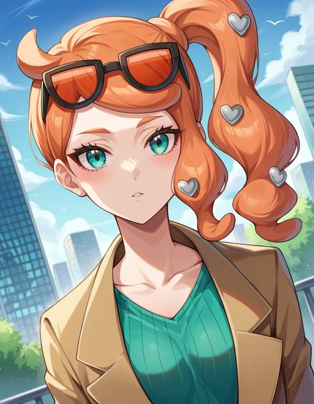 score_9, score_8_up, score_7_up, source_anime,
pokemonsonia, <lora:pokemon-sonia-ponyxl-lora-nochekaiser:1>
pokemonsonia, aqua eyes, heart, heart hair ornament, long hair, long sleeves, orange hair, side ponytail, swept bangs,
aqua footwear, aqua nails, aqua shirt, brown coat, brown jacket, coat, collarbone, eyewear on head, jacket, long sleeves, orange-tinted eyewear, pants, ribbed shirt, shirt, sunglasses, tinted eyewear,
outdoors, cityscape,
looking at viewer, cowboy shot, dutch angle,