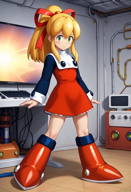 newest, masterpiece, best quality, 4k,
indoors, very aesthetic, detailed background, full body,
1girl, solo,  <lora:RollPony:1> r0ll, roll (mega man), long hair, blonde hair, hair ribbon, ponytail, green eyes, sidelocks, red dress, knee boots, long sleeves