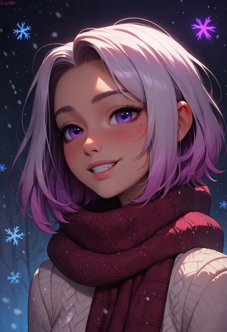 score_9, score_8_up, score_7_up, score_6_up, 
1girl, 25 years old, perfect face, cute, petite, close view, 
purple eyes, 
multicolored hair, colored inner hair, white hair, purple glowing hair, purple glowing scarf, 
white sweater,
winter, snowing, glowing snowflakes,
blush, shy smile, 
night,