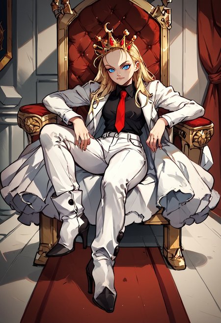 score_9, score_8_up, score_7_up, score_6_up, BREAK,uncensored, throne room, on throne ,1girl, devilotte, long blonde hair, hair slicked back, crown, blue eyes, white pants, black shirt, red tie, white suit jacket, high heel boots,