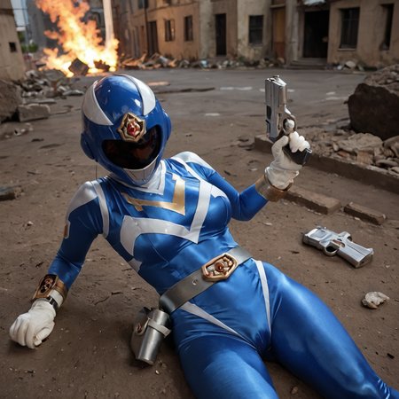 20yo, score_9, score_8_up, score_7_up, shiny oild skin, 
1girl, solo, large breasts, sentaisaintforce, blue bodysuit, silver belt, white gloves, spandex, wing-shaped chest symbol,  helmet removed, no headwear, 
holstered, handgun, holster, torn cloth, orgasm, 
 city ruin, rubble, lying, night, explosion, smoke, 
 <lora:Saint_Force:0.8>