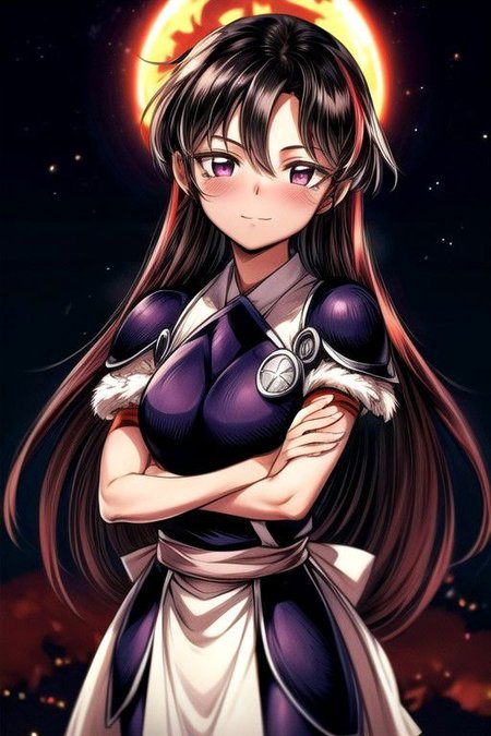 best quality 1girl Setsun4 solo long hair,  (night time) forest background black hair very long hair purple eyes multicolored hair armor, small, (fur trim) (medium body),<lora:EMS-179-EMS:0.800000>,<lora:EMS-293862-EMS:0.800000> bow, hair_bow, hair_tubes, red_bow, brown_hair, long_hair, bangs, ascot, frilled_bow, yellow_ascot, blush, smile, hair_between_eyes, athletic, armor, miko, strengthmda, crossed arms, Smiling, happy