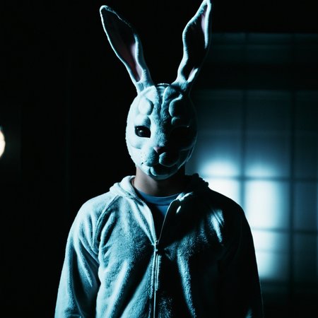 <lora:add-detail-xl:1>
<lora:detailed:0.3>
<lora:perfection style:0.3>
<lora:xl_more_art-full_v1:0.3>
 <lora:Donnie Darko film style:1>
a man in a bunny suit standing in a dark room,solo,1boy,horns,no humans,sunlight,facing viewer,backlighting , cinematic, film, Donnie Darko film style