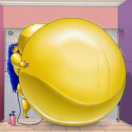 belly size bigger than main body)), (gigantic belly:2.0), goddess, shower, bathroom, cute, nervous, shy, heavy breathing, in heat, open mouth, aroused, hands on belly, hose leading into butt from air pump on ground, huge Belly press on mirror, marge simpson, blue hair, yellow skin