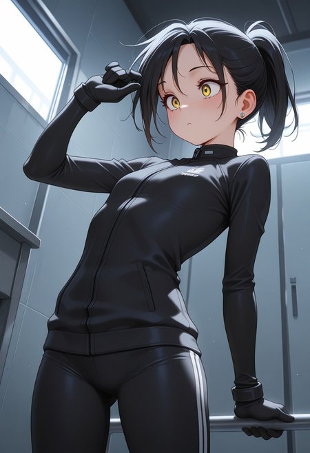 masterpiece, best quality, amazing quality, 

KHA_two, ponytail, yellow eyes, black hair, black sportswear, black gloves, earrings