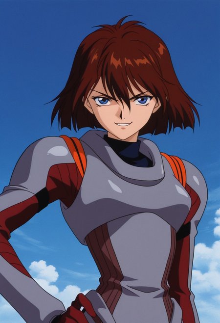 masterpiece, best quality, source_anime,official art,perfect_anatomy,1990s_\(style\),retro_artstyle,1girl, iiko isami,  blue eyes, brown hair,  short hair,  hair between eyes,  bangs,pilot suit, armor,looking_at_viewer,v-shaped eyebrows,evil grin,upper body,hand on hip,from below,day,blue_sky,cloud