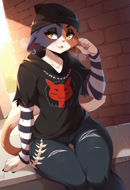 score_9, score_8_up, score_7_up, (by teranen), outdoor, sexy, sweat, dutch angle, looking aside, high quality, hires, solo, detailed background, easynegative, pose, pawpads, (horny), steam, 
me0wsklls, furry female, body fur, two-tone fur, cat ears, orang eyes, cat tail, crawls, black beanie, black hoodie, layered sleeves, long over short sleeves, striped sleeves, pants, jeans, torn pants