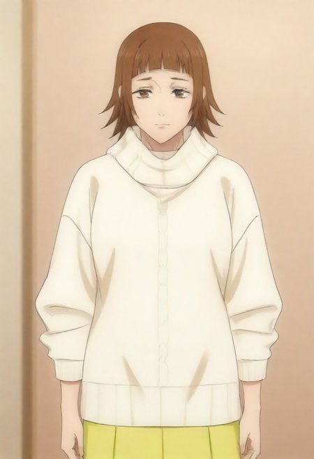 masterpiece, best quality, amazing quality,,, shiny skin,,,,,,,,yuozawa, brown_eyes, brown_hair, short_hair, blunt_bangs,, turtleneck, white_sweater, long_skirt, yellow_skirt,