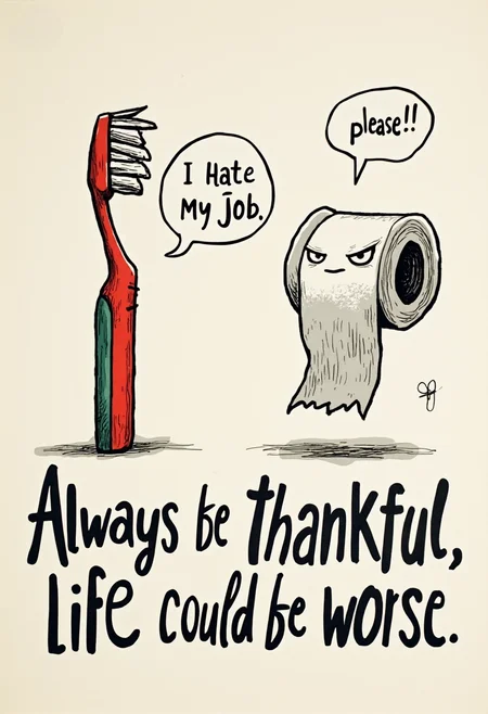 A humorous and quirky cartoon featuring a toothbrush and a roll of toilet paper, both with expressive faces. The toothbrush looks fed up and has a speech bubble saying, "I hate my job." The toilet paper glares back and responds with a speech bubble saying, "Oh please!!!" The illustration serves as a reminder to be grateful for life's simple pleasures, with bold text at the bottom reading, "Always be thankful, life could be worse.", typography, illustration