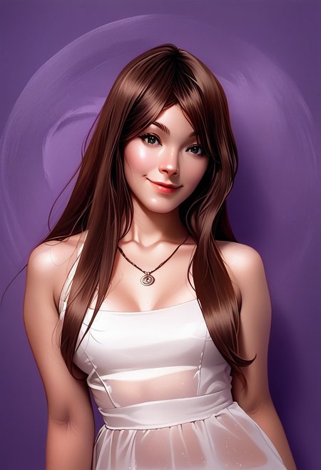 score_9, score_8_up, score_7_up, score_6_up, source_cartoon, 1girl, female, solo, soaking wet hair, smile, diaphonous white dress, bronze necklace, medium breasts, female focus, official style, close up, perfect anatomy, perfect face, standing,  abstract beauty, beautiful, centered, looking at the camera, approaching perfection, dynamic, moonlight, highly detailed, watercolor painting, artstation, concept art, smooth, sharp focus, illustration, portrait