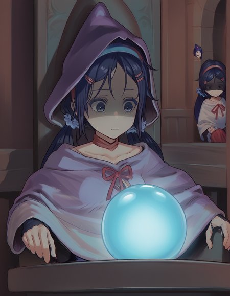 score_9, score_8_up, score_7_up, source_anime, <lora:mita-ingame-ponyxl-lora-nochekaiser:1>, mita, long hair, black hair, hair ornament, twintails, blue hair, hairband, hairclip, low twintails, breasts, 3d, <lora:pondering-my-orb-ponyxl-lora-nochekaiser:1>, pondering my orb, sitting, closed mouth, chair, shaded face, hood up, <lora:wizard-ponyxl-lora-nochekaiser:1>, wizard, wizard hat, robe, dress, long sleeves, gloves, solo,