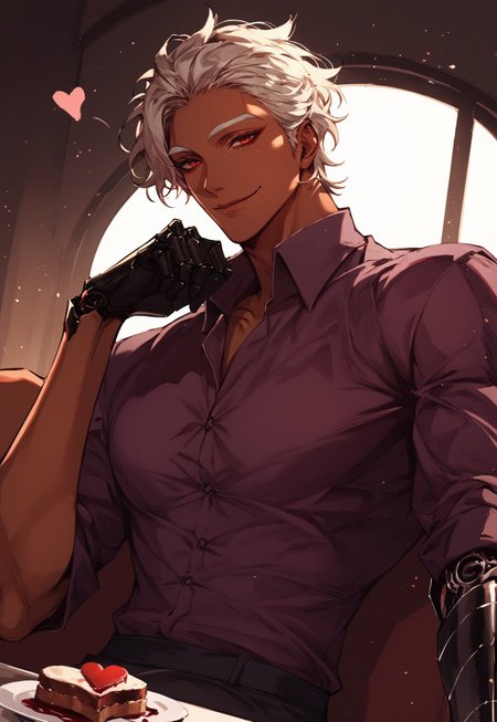 safe_pos, safe_pos, score_9, score_8_up, score_7_up, anime, best quality, 30 years old, big, brown skin, 1male, white blond eyebrows, styled hair, short hair, white blonde hair, brown skin, handsome, Roman nose, toned, red eyes
, wavy hair, hair back, Hair combed back,
,
Android, robotic arms, black robotic parts, black arms,

dynamic pose, expressive, dynamic angle,
,
love, pov, looking at the viewer, close up, dramatic angle, dutch angle, fisheye, closed mouth,
,
seductive smile, sitting on couch, looking at you, flirty, bright smile, elegant purple shirt, dark lighting, busy restaurant, wine, table full of food, valentine, pink, date, heart, 