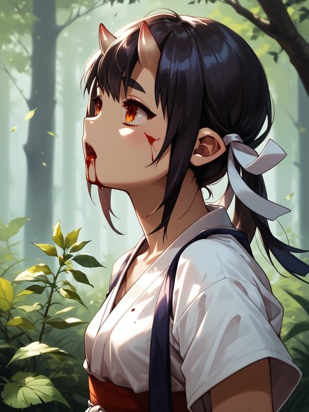 (upper body, solo focus:1.2) <lora:happy_tentacle-momiji-v0.1-000024:1>, ht_momiji, hair ribbon, small breasts, (petite:1.2), <lora:Shed_The_Skin's StS_age_slider_v1_initial_release:-1.2> ( :1.1) blood ( , , ( :1.2) , , looking up :1.1) , outdoors, vegetation, ( :1.1), , (day :0.6), , (:0.5), , ( :0.9), (post-apocalypse :1.2) ( :0.8) score_9, score_8_up, score_7_up, score_6_up, score_5_up, score_4_up, ( [(realistic, photorealistic:1.3):(realistic:1.2):16] [(3d:1.2)::14] :1) <lora:LUUNA's Lunas-NijiJourney-SDXL-B2:0.4>, nijijourney <lora:prgfrg23's Counterfeit-V3.0 Style SDXL_LoRA_Pony Diffusion V6 XL:0.5> <lora:mfcg's mfcgXL:0.12> <lora:reweik's gyokai(himehajime)_PonyXL_style_v01:0.14>