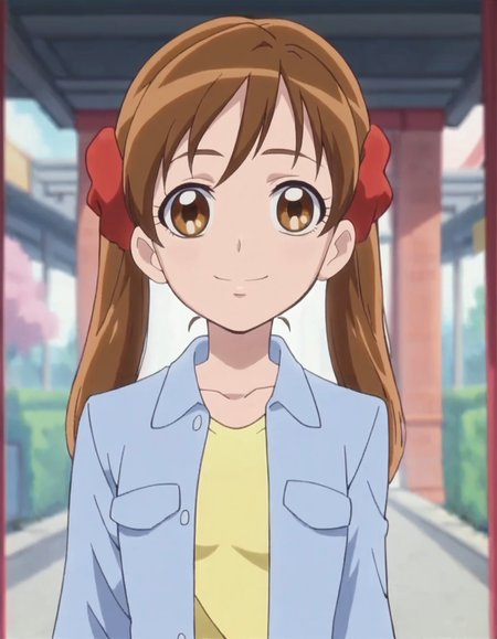 score_9, score_8_up, score_7_up,anime screencap,1girl,solo,sakagamiayumi,  skirt, looking at viewer,  smile, blue skirt, long sleeves,yellow shirt,blue jacket, medium breasts,<lora:sakagamiayumi:0.8>