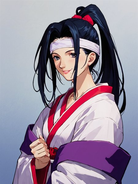 score_9, score_8_up, score_7_up, score_6_up, masterpiece, perfect face, perfect hands, high quality, source_cartoon, (1girl, solo,) <lora:Twilight_Suzuka_-_Outlaw_Star:1> twilightsuzuka, black hair, long hair, headband, ponytail, mole under mouth,  japanese clothes, 1990s (style), white robe, smile,