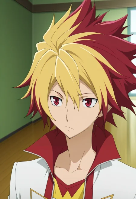 masterpiece, best quality, , anime screencap, anime coloring, official style,, 1boy, solo, male focus, <lora:takuto_tsunashi_ilxl:1>, takuto_tsunashi, red hair, red eyes, spiked hair, bangs, multicolored hair, two-tone hair, dyed bangs, blonde hair,