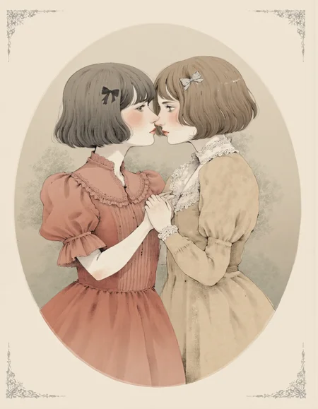<lora:cioffi:1>, This image is a watercolor painting featuring two young women engaged in a tender moment. The artwork is executed in a delicate, soft pastel palette with a vintage, romantic style. Both women have short, bobbed haircuts, one with a straight, dark bob and the other with a slightly lighter, wavy bob.
The woman on the left is dressed in a red, short-sleeved dress with a high collar and intricate ruffles. She wears a small black bow in her hair and has a gentle, melancholic expression. Her skin tone is light, and her eyes are closed, adding a serene quality to her face.
The woman on the right is dressed in a long-sleeved, light brown dress with a high collar and delicate lace details. She has a slightly more animated expression, looking intently at the other woman. Her skin tone is also light, and she wears a small white bow in her hair.
Both women are seated closely, facing each other, and the background is a soft, circular gradient of beige and light brown tones, enhancing the intimate and nostalgic atmosphere. The painting is framed by a subtle ornate border at the top and bottom, adding a touch of elegance.