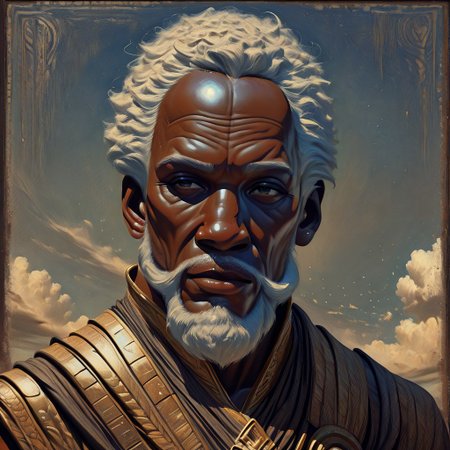 masterpiece, best quality, newest, absurdres, highres, oil painting, detailed face, 1boy, Illustratedafricanfemale, dark-skinned male, african male, african, old man, old, wrinkles, winkly face, dredlocks, white hair