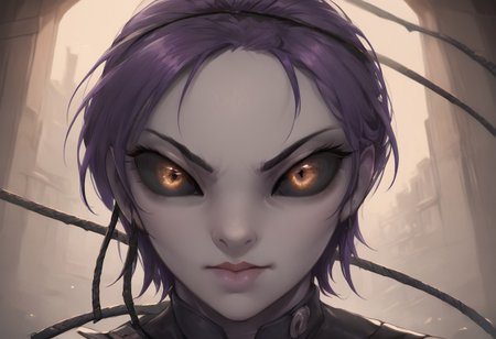 SFW, rating_all, score_10, score_8_up, score_7_up, beautiful, realistic, detailed, perfect, quality, vector, dynamic, dynamic pose, flat colors, masterpiece, ((Kaminoan)), female,  1.8 meters tall, ((gray skin, bald, black sclera, colored sclera, (purple iris))), stern look, looking at viewer, portrait shot, tough, short skirt, whip, whipping, crouching, glowing whip