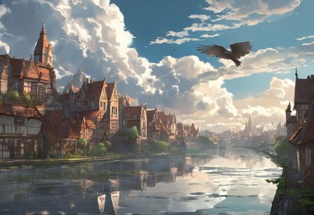 flying in a fantasy city. The buildings made of brick with the art style being that of an old anime. The clouds cast shadows along the land while godrays protrude through them. The bird is flying over a river that cuts along the center of the city with a beautiful reflection. The scene is highly detailed. 4k.hd.