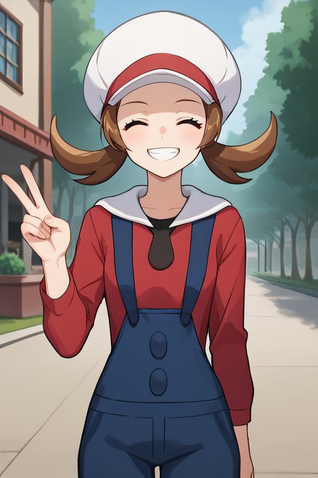 score_9, score_8_up, score_7_up, source_anime, rating_safe, intricate details, anime screencap, official style, <lora:Lyra:1>, lyra, closed eyes, red shirt, long sleeves, white headwear, blue overalls, standing, looking at viewer, outdoor, smile, grin, teeth, peace sign, frontal view, upper body, one hand up