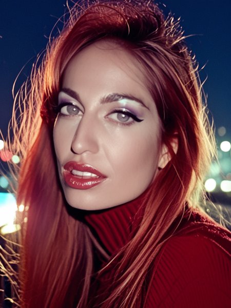 score_9, score_8_up, score_7_up, Sophie3V4Ns, Sophie Evans, <lora:Sophie3V4Ns-pony:1>, 1girl, makeup, big lips, glossy lip gloss, long hair, red hair, sweater, portrait, solo, looking at viewer, bokeh, focus, film, velvia, artistic, best quality, photograph, cityscape, nighttime, neon signs, twinkling, ambiance, analog,