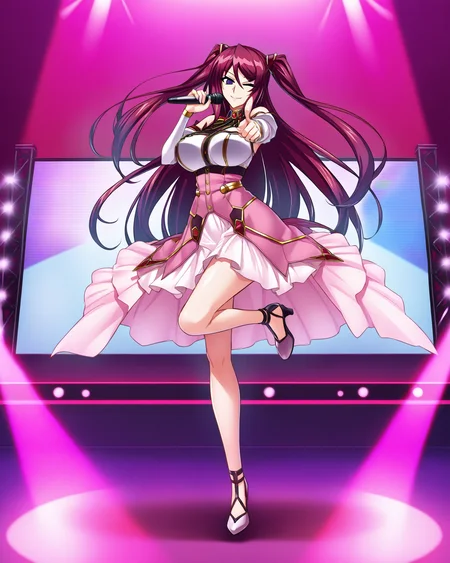 newest stylish, extreme aesthetic, 1girl, solo, BeatriceKushan, standing on one leg, purple eyes, dancing, pointing at viewer, holding microphone, > o, one eye closed, pink dress, smile, juliet sleeves, bare shoulders, detached sleeves, two side up, looking at viewer, full body, stage, screen, spotlight, <lora:Bea&KilaKushan-ilxi01:0.5>, <lora:flat-ilxl-000037:0.8>