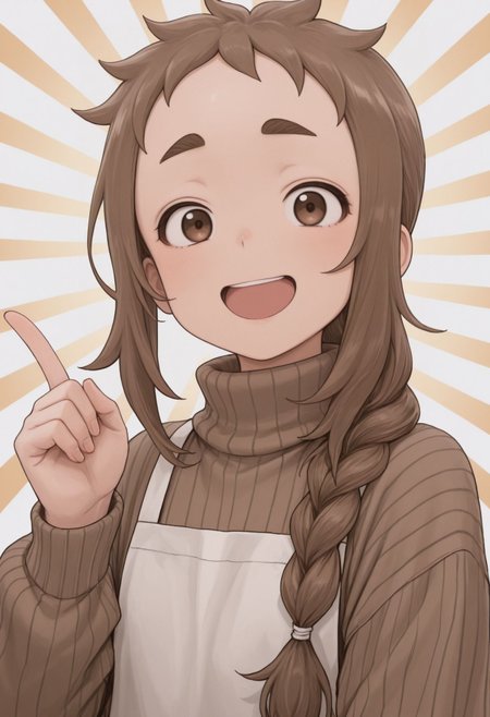 masterpiece,best quality,absurdres,highres,very aesthetic,high quality,detailed,insanely detailed,beautiful,perfect lighting, looking at viewer, 
 <lora:Hibino Mina illu:1> 1girl, brown sweater, smile, open mouth, brown eyes, apron, single braid, :d, long hair, turtleneck sweater, long sleeves, ribbed sweater, hand up, upper body, index finger raised, sunburst background, brown hair, thick eyebrows, looking at viewer, jaggy lines, white background, short eyebrows