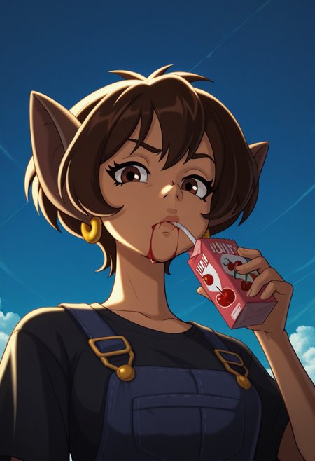 Graphic Design, color art, vibrant colors, colorful, intricate details, high contrast, detailed background, beautiful detailed, beautiful face, detailed eyes, detailed face, new, 1girl, solo, n41n4, brown hair, short hair, brown eyes, animal ears, earrings, upper body, low angle, from below, looking at viewer, holding juice pack, straw, drinking, cherry juice, blood in mouth, black t-shirt, overalls, sky, grumpy, (masterpiece, best quality, newest, recent, absurdres),