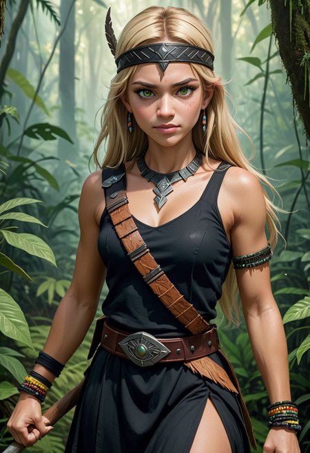(medium full shot) of (powerful amazon warrior) young woman, tiny build, extra long blonde side-swept bangs hair, mexican, mahogany skin, green eyes, wearing a warrior headband, black mid-length dress with warrior accents, hide sandals, dark eyeliner, beaded necklace hide belt, wielding a battle axe set in  a wild rainforest, with untamed vegetation, diverse wildlife, rugged terrain, and secret paths , during twilight, woman smiling, detailed face, ,Masterpiece,best quality, photo, realistic, very aesthetic