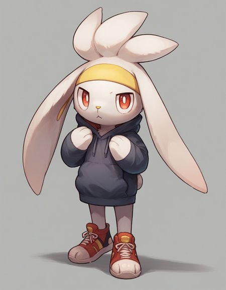 score_9, score_8_up, score_7_up, score_6_up, score_5_up, score_4_up, 1girl, full body, solo,
 <lora:Raboot_v0-3:1> raboot, pokemon \(creature\), white fur, droopy ears, rabbit ears, rabbit tail, red eyes, looking at viewer, furry female, yellow hairband,
boho-blouse, sneakers