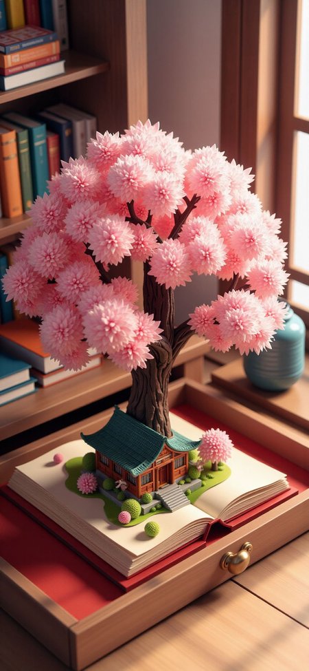 (indoors,indoor,isometric view,side view,tilt-shift lens:2), (in the style of ck-sfc,fna_style,fna_style,a scene from a pop-up,card letter:2),(cherry blossom tree with temple:1.3) (at opened  drawer at study:3) <lora:Fantasy_Novel_Art_Style:1><lora:ck-plastic-models:1> <lora:Pop-up_Book_Papercraft_Plotter_FLUX:1>