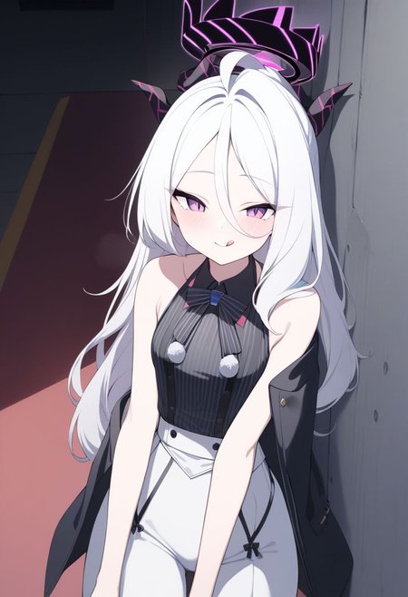 (masterpiece),(best quality),(ultra-detailed),(best illustration),(best shadow),(absurdres),(detailed background),(very aesthetic), 1girl, solo, Hina_(Blue_Archive), white hair, purple eyes, long hair, cabaret outfit, seductive smile, tongue out, leaning on a wall, alley background, red-light district, upper body,