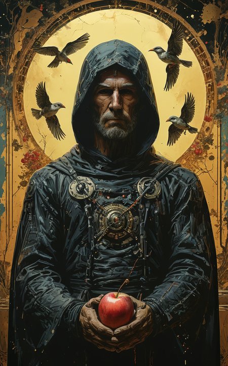 by artist Gustav Klimt and Greg Rutkowski,wide_shot,landscape,((full_body_shot,front photo)),
a painting of a preacher in a black hooded robe,in front of flying birds<lora:transparent_cyberdog:1,religious iconography,in the style of otherworldly visions,dark and ominous,mind-bending murals,Influenced by the trend of "mythology revival" in the world literature and primitive religion,his Perfect Hands holding a red apple<lora:Perfect Hands:1.2><lora:Ive_Got_The_Power:1>,moebius,dark and ominous,isolated figures,The background totem has a perspective effect and extends to the perspective vanishing point.,
<lora:add-detail-xl:1><lora:MJ52:0.5><lora:DD-pnte-neg-v1:-1.5>,ZIP2D,ziprealism BREAK