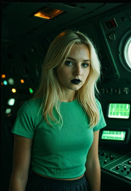 Award-winning candid photograph, "Whispers of the Future," captures a breathtaking 23-year-old blonde woman operating a futuristic, illuminated instrument panel. The image, shot on a Polaroid 120mm medium format, exudes a vintage feeling with its expert lighting and highly detailed composition.  The subject, a young woman with delicate feminine features, is adorned in a striking outfit that combines the old and the new. She wears a very short, pleated micro-skirt, and a tight lace top, all of which accentuate her pale, flawless skin and long blonde hair. Her makeup is realistic, with dark mascara and glossy black lipstick, adding to her captivating appearance.  The woman's face is expressive, filled with a mixture of sadness and embarrassment, as if she is aware of her own phony nature. Despite this, she is undeniably beautiful, and the photograph manages to convey both her vulnerability and her strength.  The background features a vintage nuclear submarine control cabin with round green sonar displays and neon flashing lights, creating a futuristic atmosphere and dreamy mood. The expert lighting and high-budget production value are evident in the extraordinary detail captured in the image.  The photograph features a unique blend of fantasy, reality, and emotion. The candid nature of the shot adds to its appeal, making it a truly extraordinary piece of art.