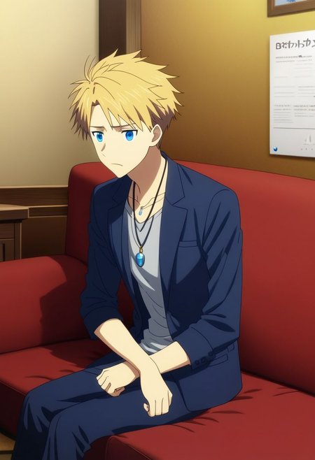 high resolution, professional photography, solo, best quality, 1Boy, Yamato Ishida, Blond Hair, Deep Blue Eyes, Necklace, lovely, deep talk, helpless. sit, couch, OverallDetail