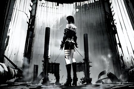 highly insanely detailed, masterpiece, top quality, best quality, highres, 4k, 8k, RAW photo, (very aesthetic, beautiful and aesthetic),  
tsutomu nihei,nihei_tsutomu,blame!,blame gakuen!,abara,TNstyle,sidonia_no_kishi,(mausoleum,tower,sidonia \(ship\),megastructure in background,space,spacecraft,giant room,city ruins,stairs),star \(sky\),starry sky,toha heavy industries,ventilation fan,ventilation shaft,fence,air conditioner,mist,smoke,fog,machinery,science fiction,empty,dark background,dystopia,destroyed,blm,decrepit,futuristic,biomachine,bioluminescence, 
<lora:ABARA:1>, 
(1girl:1.3), 
solo focus, 
news anchor in front of big screen,facing viewer,back screen is big which is from the floor to ceiling and left to right,âââ
