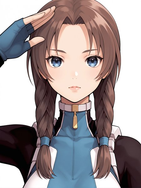 masterpiece,best quality,newest,
1girl,solo,
<lora:Mary_Appleton_ilxl_v1.0:1>,mary_a,twin braids,brown hair,blue eyes,lips,
m_suit,turtleneck,skin tight,bodysuit,crop top,short sleeves,fingerless gloves,leotard,
<lora:Fixhands_anime_bdsqlsz_V1:1>,looking_at_viewer,standing,salute,white_background,simple_background,straight-on,portrait,front view,expressionless,
