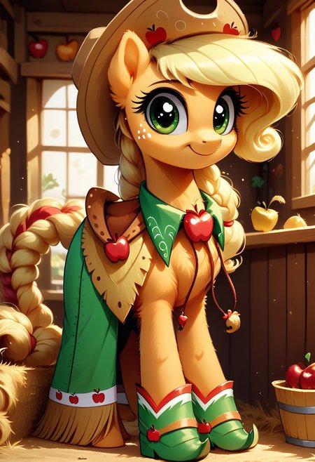 score_9, score_8_up, score_7_up, green dress with white stripe, cowboy boots with apple print, cowboy hat with apple print, solo, MegaFluffyPony, furry, fluffy, (Applejack mlp1.2), cute very fuzzy, necklace (orange colored background) (barn interior) haystraw on ground