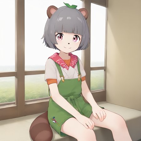 1girl, solo,  <lora:pnpk02:0.6> pnpk_vt, raccoon tail, tail, bangs, short hair, short sleeves, blunt bangs, sitting, smile, looking at viewer