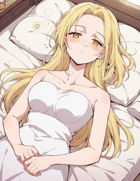 score_9, score_8_up, score_7_up, source_anime, <lora:nanatsu-elaine-s2s3-ponyxl-lora-nochekaiser:1>, elaine, long hair, blonde hair, yellow eyes,, dress, white dress, collarbone, bare shoulders, sun dress,, indoors, bed, bed room, on side, blush, drunk, looking at viewer, solo,, cowboy shot, dutch angle