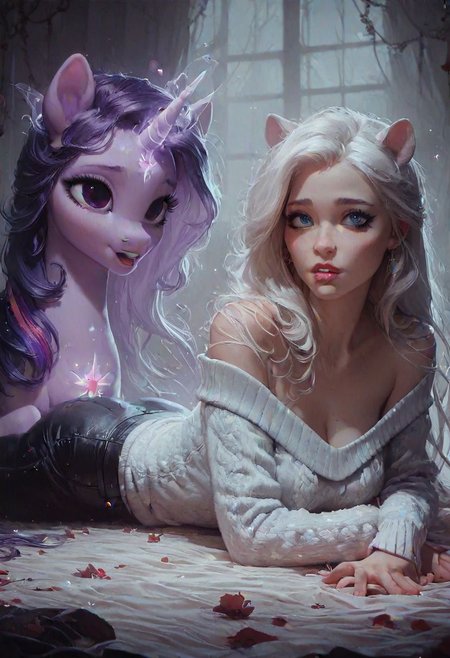 score_9, score_8_up, score_7_up,  1woman, extremely detailed, high quality, realistic, beautiful eyes, cleavage, white sweater, leather pants, top down  <lora:pony/twilight_style:0.8> <lora:pony/expressiveh:0.8> expressiveh <lora:pony/spirit_animals> Spirit Animal