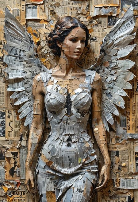 high-contrast monochrome palette, subtle grain, timeless feeling, cinematic quality, modern art photograph, closeup, female angel, wings intricately crafted from a collage of various newspaper and magazine clippings, artiangel, film grain