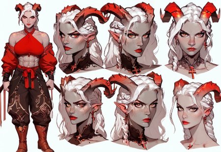 safe_pos, safe_pos, (score_9, score_8_up, score_7_up, score_6_up), (highres image, ultrares, absurdres, ultra detailed), (masterpiece:1.8) BREAK,
1girl, Instagram Model, dynamic character design, female focus, (((random pose, multiple views, random views, unique angles))), ((Qunari)), perfect face, perfect eyes, attractive, tomboy, barbarian, (white hair, very-long braided ponytail, freckles, (long curling horns:1.4), slight orange glow to horns, grey skin), ((grey skin)), ((tall, muscular)), (toned), defined biceps, defined back muscles, wide hips, perfect breasts, large perky breasts, ((Amazonian Figure)).
BREAK
(One expression per viewpoint: leaning_back, mischief:1.4, come_hither, sitting, (confident smirk:.4).
BREAK
(Teal Cross-Wrap Halter Top), (Red Rope), (Baggy Pants), (Boots), (Dual-Wielding Swords). 
BREAK
Simple Background, Dramatic Lights, Concept Art
<lora:Fant5yP0ny:0.6> <lora:fantasy_world_pony:0.9> <lora:Cherry-Gig:0.55>, Expressiveh, qunari, reference sheet, (full body, from side, front:1.1), upper body, simple white background, CharacterDesignXL, (CharacterSheet:1)