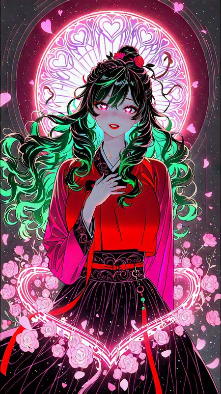 IllusP0s_1097608,  (masterpiece), (best quality), (ultra-detailed), amazing quality, very aesthetic, illustration, perfect composition, intricate details, absurdres, incredibly absurdres, BREAK,
hot attractive  girl , Romance,a woman falling for a man who is already taken,pink flower, happy valentine, valentine,cherry blossoms, a man proposing to the love of his life,true love,love aura,pink light, (medium full shot ) of two lovers cuddling, detailed face, detailed hands, detailed eyes, located in a romantic scene at a quiet hilltop during early morning with breezy weather, illuminated by natural light filtering in, creating a gentle atmosphere,chocolate, wind divination,
,see-through cleavage, haptic feedback collar,afternoon,red light ,idyllic  atmosphere,heart,  heart-shaped pupils, (love):1.5,(hanbok,korean clothes,clothed underbust,hanfu),red lips,,love  symbol,( floating heart,  heart circle):1.5.  hip armor, pink  , many red rose, 
she has big hair,hair over one breast,(wavy hair:1.2, ),dark green hair,front ponytail, bun cover ,
<lora:NSFWFilter_illusXL_Incrs_v1:-1>,(stained_glass,stained_glass_print,sglass style),hand on own chest <lora:blacklight_anime_art:1>blacklight,
